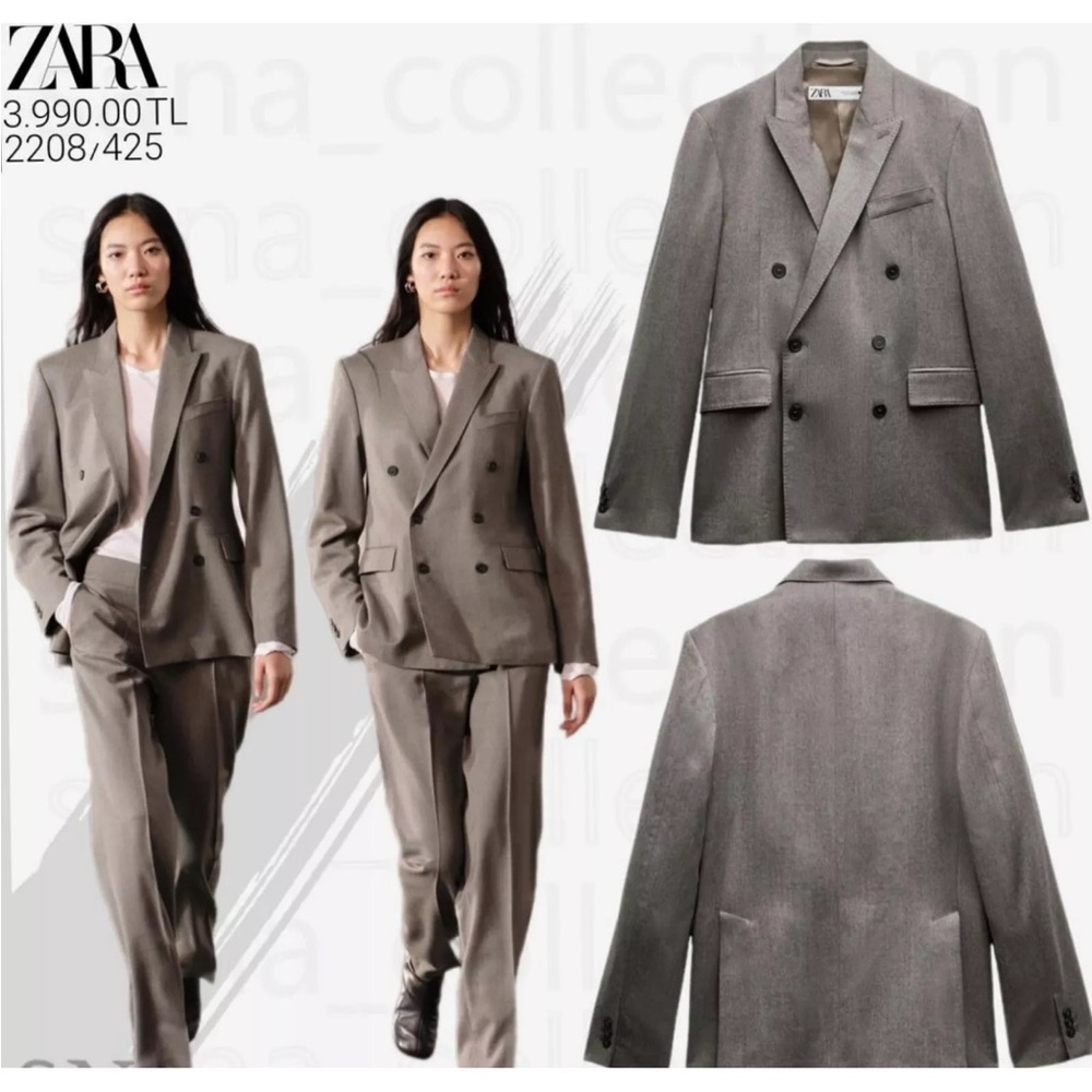 Zara Taupe Gray Double Breasted Wool Blazer Coat ZW Collection NWT - Picture 3 of 16